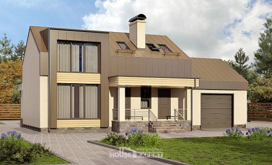 150-015-Л Проект двухэтажного дома с мансардой и гаражом, компактный коттедж из газобетона Кстово | Проекты домов от House Expert