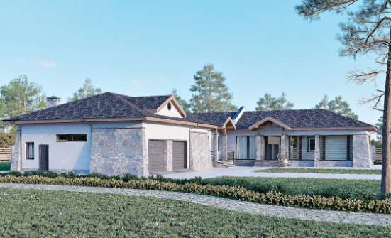 280-004-Л Проект одноэтажного дома и гаражом, большой домик из бризолита Кстово | Проекты домов от House Expert