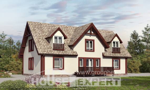 300-008-Л Проект двухэтажного дома мансардой и гаражом, большой домик из газосиликатных блоков, Урень